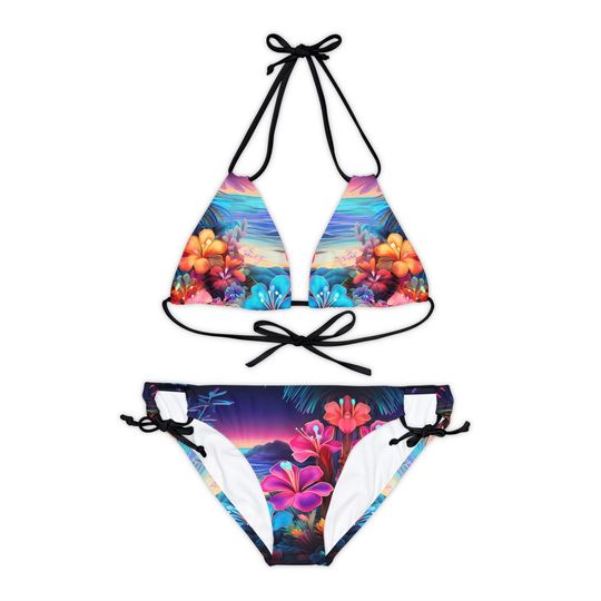 Strappy Bikini Set, Tropical Design Bathing Suit, Colorful Swim Suit, Beach Wear
