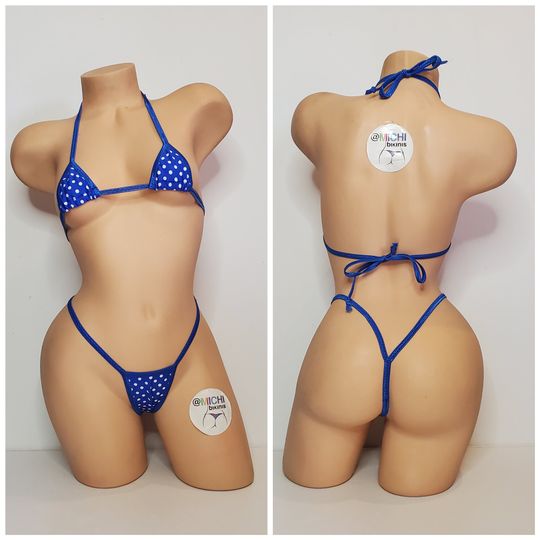 Blue with Small White Polka Dots with Your Choice Trim Color Micro Coverage Top Y Back Thong Bottom Bikini Set