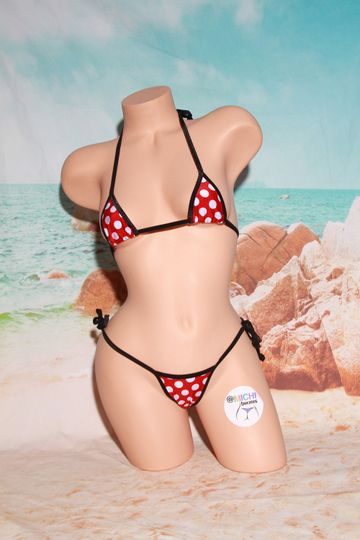 Red with White Polka Dots with Black Trim Micro Coverage Top Scrunch Butt Bottom String Bikini 2 Piece Set One Size