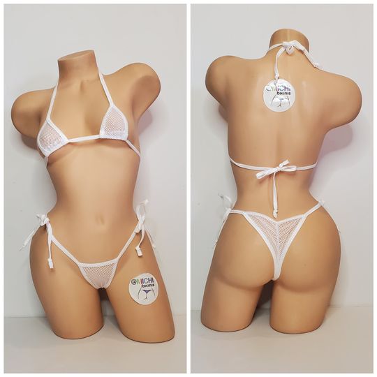 White Small Hole Fishnet *Very Sheer*with Your Choice Trim Color Micro Coverage Top Scrunch Butt String Bikini 2 Piece Set One Size