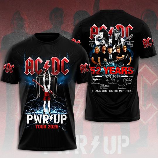 AC.DC Power Up Tour 3D T-Shirt, AC.DC 52 Years 3D T-Shirt, Rock Band 3D T-Shirt, Pwr Up Tour 2025 3D T-Shirt, Concert 2025 Gift, Music Band 3D T-Shirt