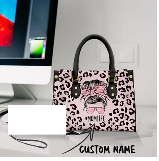 Pink Leopard Mom' Life Leather Handbag, Leopard Bag, Shoulder Bag, Gift For Her