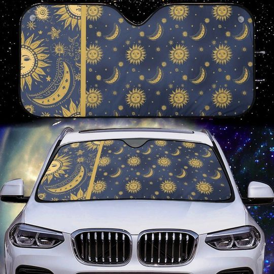 Blue Whimsy Goth Sun moon star Car sunshade windshield cover decor accessories, Witchy Celestial Window Sun Blocker sun shade, new car gift