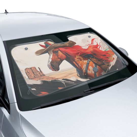 Car Sun Shade Featuring Anime Inspired Horse Wearing a Cowboy Hat