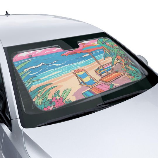 Beach Scene Car Sun Shades Colorful Relaxed Ocean