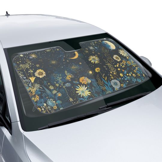 Discover Car Sun Shade - Celestial Floral Design, Galaxy and Moon with Stars, Perfect for Artistic Car Decor and Nature Lovers