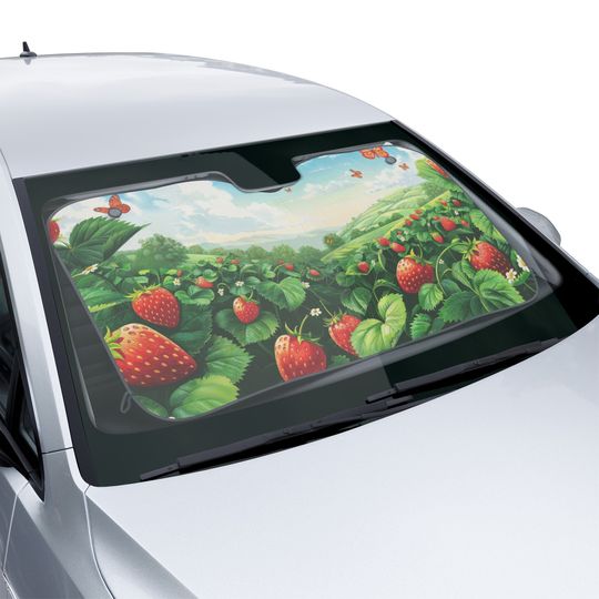 Strawberry Car Sun Shade - Cute Pink Windshield Sun Protector for Her, Adorable Cat & Strawberry Decor