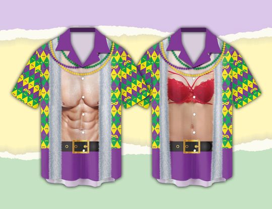 Muscles & Bra Mardi Gras Costume Hawaiian Shirt For Men Women, Funny Mardi Gras Carnival Button Up Shirt, Mardi Gras Beads Fat Tuesday Shirt