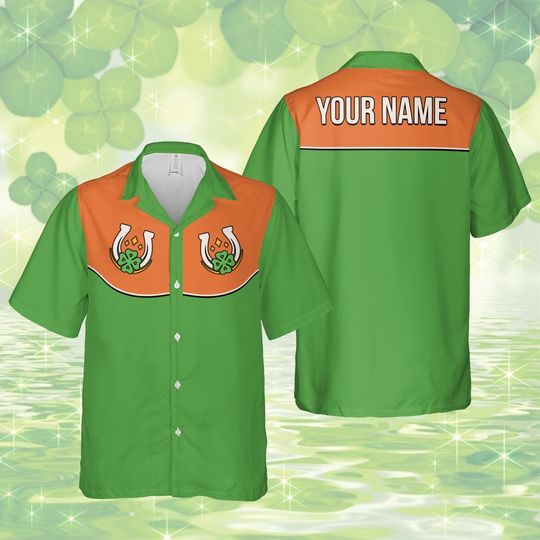 Personalized Name St Patrick's Day Hawaiian Shirt, Custom Horseshoe Shamrock St Pattys Day Button Up Shirt, Retro Irish Shirt For Men Women