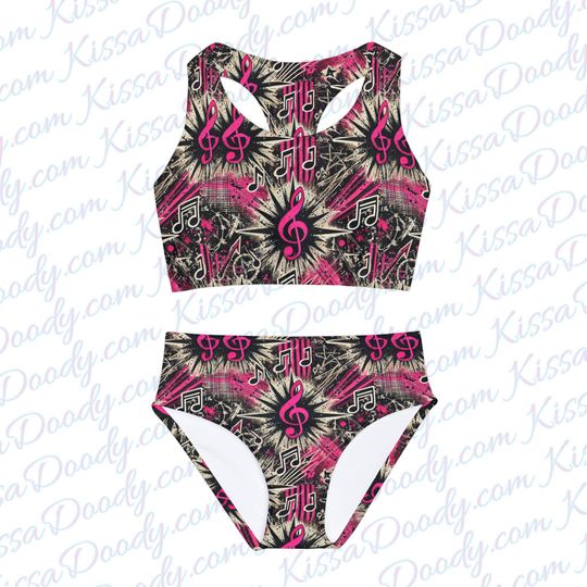 Pink Punk Rock Music Note Girls Two Piece Swimsuit Size 3/4 5/7 8/10 11/13 Tween Bathing Suit by Kissa Doody