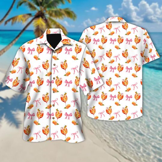 Aperol Spritz Hawaiian Shirt, Pink Bow Hawaiian Shirt, Bachelorette Hawaiian Shirt, Girly Coquette Hawaiian Shirt, Champagne Button Up Shirt