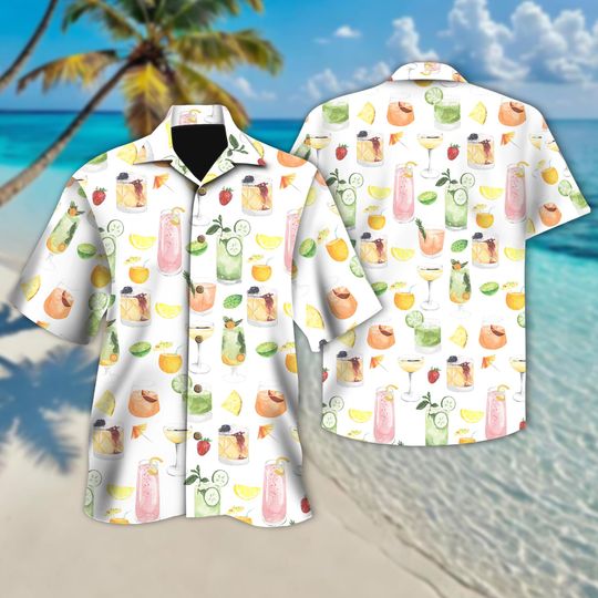 Cocktail Print Hawaiian Shirt, Margarita Trendy Hawaiian Shirt, Alcohol Hawaiian Shirt, Cocktail Margarita Margarita, Button Up Shirt