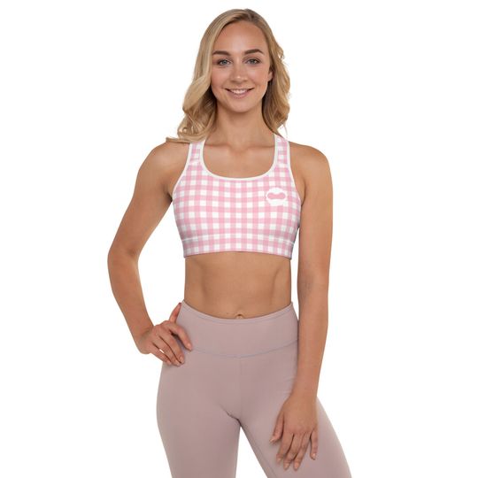 Pink Gingham Women's Padded Sports Bra  Princess Marathon Outfit  running Costume Family Matching Tops