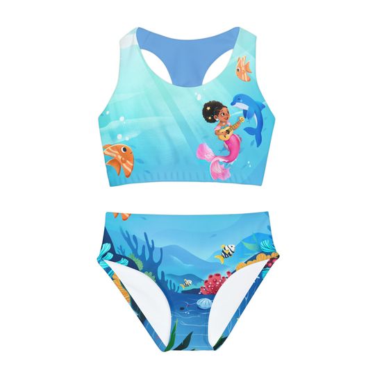 Girls Underwater Mermaid and Dolphin Two Piece Swimsuit