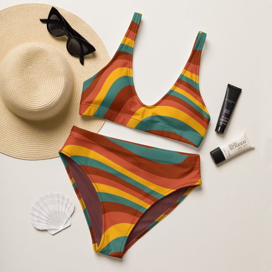 Multicolor Bikini Beach Summer Rave Swimsuit Set, 70s Two piece Funky Bathing Suit, Retro Groovy Mod Pattern Sustainable High-waisted Bikini