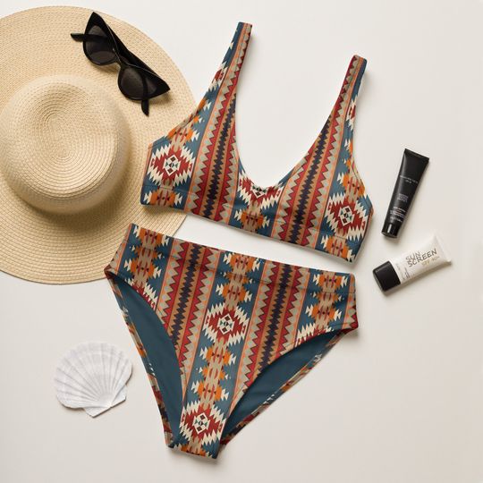 Native American Sunset Recycled High-Waisted Bikini Set, Boho Two Piece Swimsuit - Women