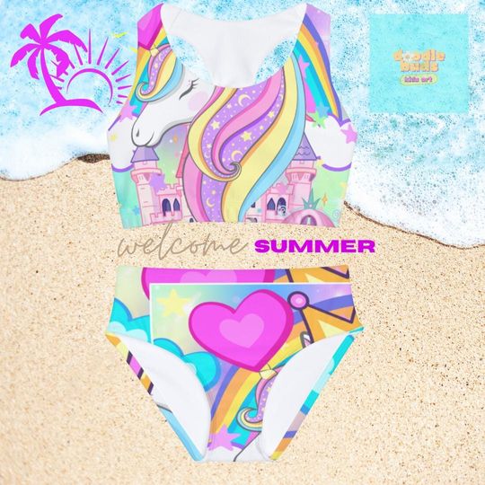 Swimsuit Set, Unicorn Girls Swimwear, Aussie Summer Swimmers, Christmas Gift, Magical Two Piece Bathing Suit, Beach Wear, Kids Swimwear