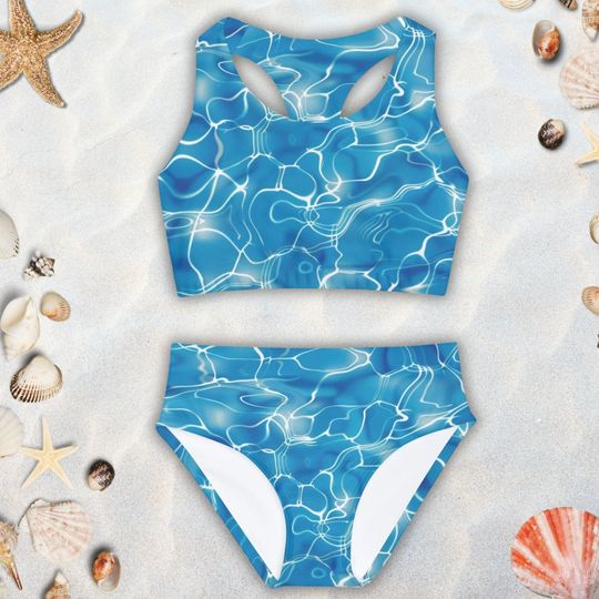 Swimming Pool Ripples Girls Two Piece Swimsuit (AOP), Blue Swimsuit, Youth Swimsuit, Kids Swimsuit, Kids Summer Vacation, Girls Gift