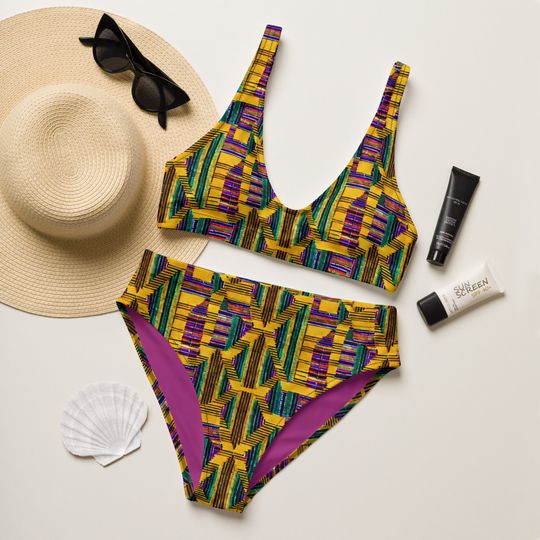 African Kente Recycled high-waisted bikini - Tribal Two-Piece Swimsuit - Women