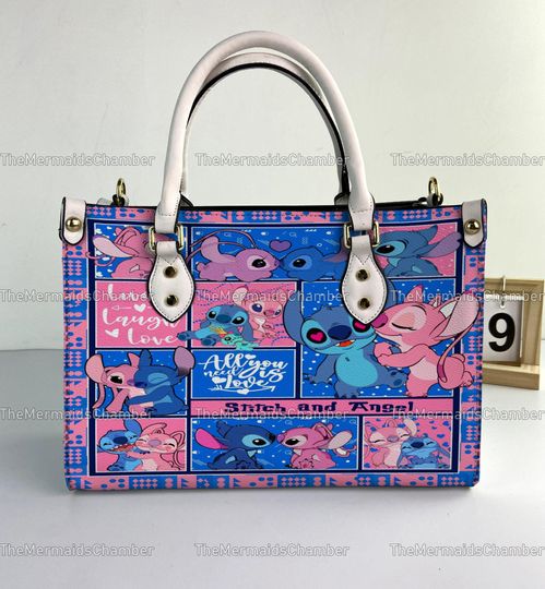 Cute Stitch Valentine Leather Handbag, Disney Stitch And Angel Woman Handbag