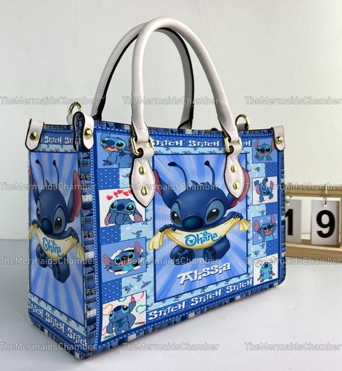 Cute Stitch Personalized Leather Handbag, Disney Stitch And Angel Woman Leather Handbag