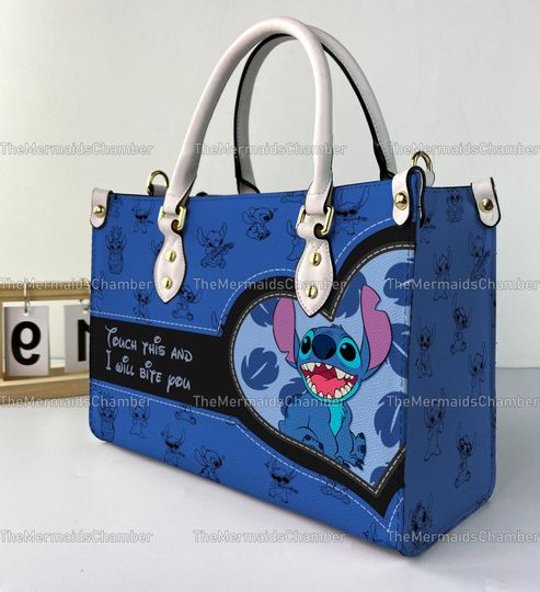 Cute Stitch Leather Handbag, Disney Stitch And Angel Woman Leather Handbag