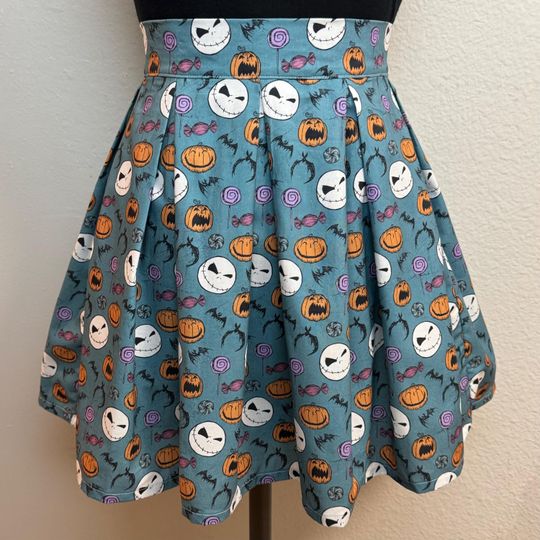 Handmade Skirt with POCKETS! Printed Pleated High Waisted Skater Skirt Made with Nightmare Before Christmas Jack Skeleton Disney Fabric