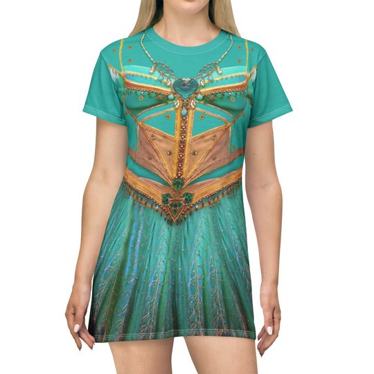 Jasmine Blue Peacock Short Sleeve Dress, Aladdin Live Action Costume, Disney Princess T-Shirt Dress, Princess Jasmine Cosplay, Adult Dresses
