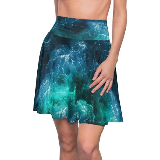 Ocean Wave Galaxy Skater Skirt, Women's Apparel, Unique A-Line Skirt, Space Nebula Print Clothes, Flowy Circle Skirt, Celestial Fashion,