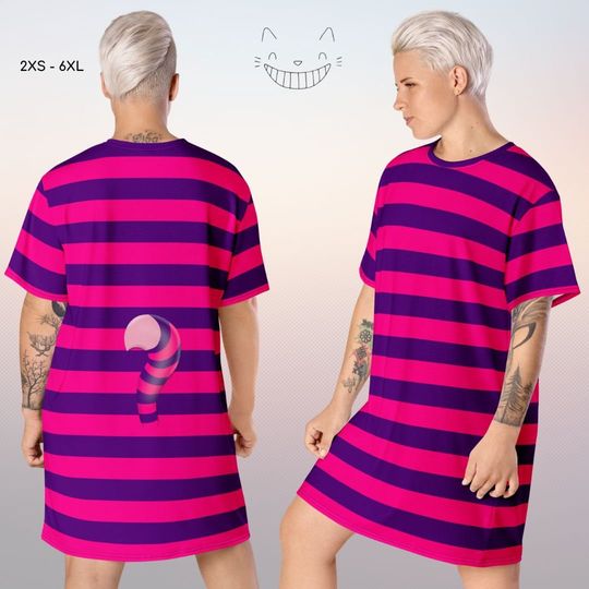 Alice in Wonderland Cheshire Cat T-Shirt Dress with TAIL Unisex Adult Halloween Costume Cosplay Outfit Running Costume Christmas Gift