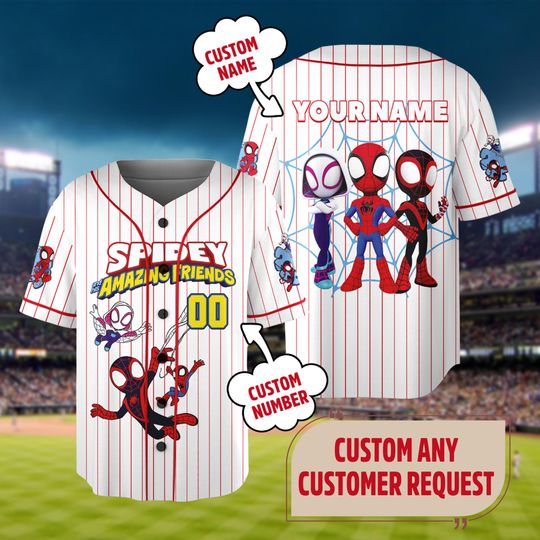 Custom Spidey And His Amazing Friends Baseball Jersey, Spider Verse Baseball Jersey Junior Hero Team Shirt, Disney Group Trip Outfit