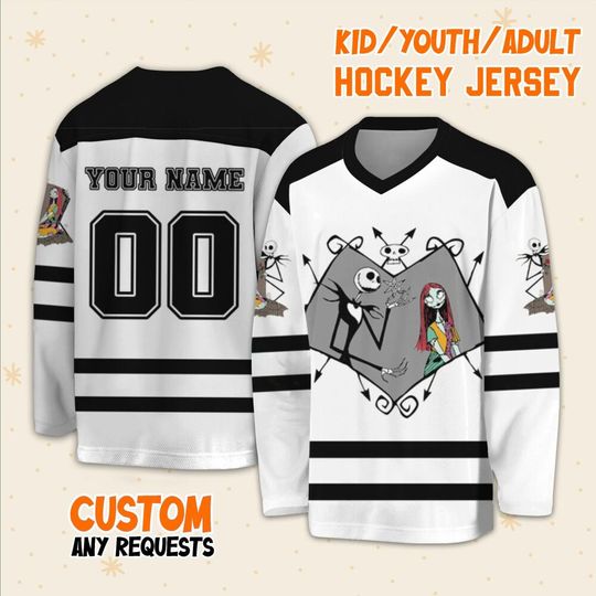 Personalize Jack And Sally Love Valentine White, Ice Hockey Jersey Sweatshirt Team Sport Disneyland Family Trip Birthday Gift