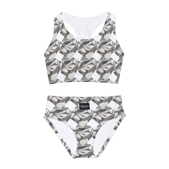 Silver Leaf Girls Two Piece Swimsuit, Silver Leaf Bikini Set, Kids Swimwear, Beach Vacation Outfit, Summer Pool Party Attire