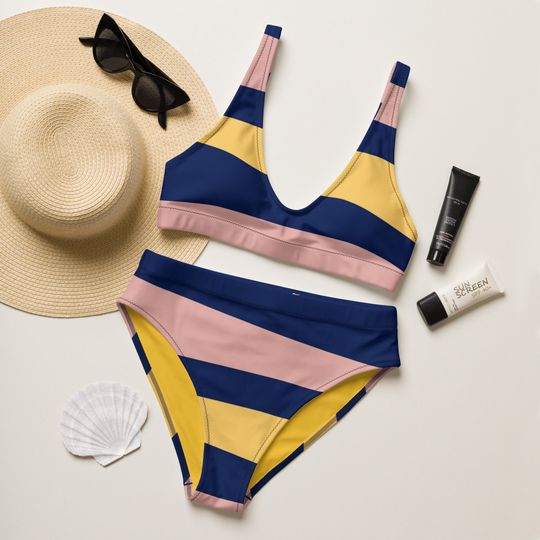 WOMENS TWO PIECE Swimsuit - Striped High Waisted Bikini -  Yellow Blue Pink Bikini - Womens Bathing Suit - Summer Swimsuit