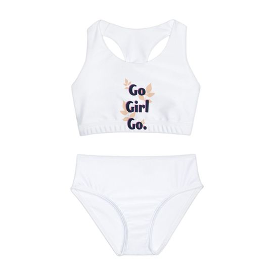 Go Girl Go! Girls Two Piece Swimsuit, Summer Swimwear, Beach Outfit, Fun Pool Party Attire, Cute Kids Swimwear