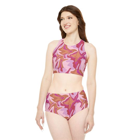 Camouflage Sporty Bikini Set, Retro Pattern Swimsuit, Athletic Two-Piece Swimwear, Beachwear, Poolside Fashion