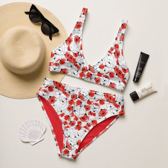 Paper Poppies Recycled High-Waisted Bikini, Flower Bikinis, Two-Piece Swimsuits, Full Coverage Bikinis, Summer Apparel, Sizes to 3X
