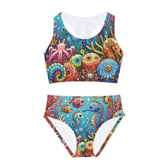 Under the Sea Girls Two Piece Swimsuit Summer Underwater Animal Kids Swimwear Sea Life Lovers Gift Set Suit Child Swimsuit Gift