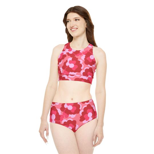 Floral Retro Sporty Bikini Set, Retro Pattern Swimsuit, Athletic Two-Piece Swimwear, Beachwear, Poolside Fashion