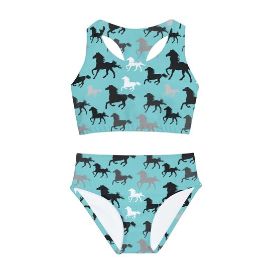 Horse print Two Piece Swimsuit youth colorful girls swim suit cute swim suit for horse lover beach wear for little girl horse bathing suit