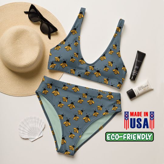 Bee Happy High-Waisted Bikini | Nature Life Bikini | Good V Two-Piece Swimsuit | Beekeeper Beach Swimwear | Nature Lover Bathing Suit