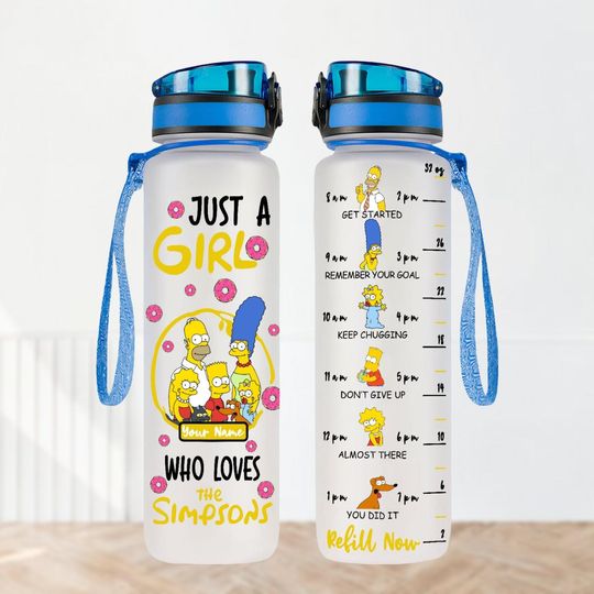Custom The Simpsons Water Bottle 32Oz, Simpsons Family Water Bottle Tracker, Birthday Gifts, Motivational Bottle, Bart Simpson Bottle
