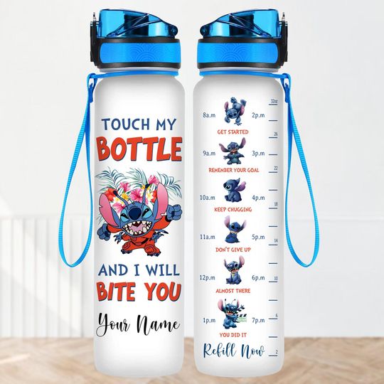 Custom Stitch Water Tracker Bottle, Touch My Bottle And I Will Bite You Bottle 32Oz, Lilo Stitch Bottle, Disney Motivational Bottle