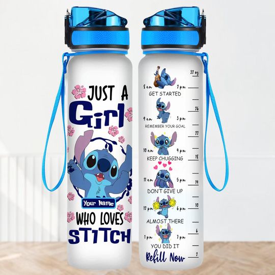 Custom Stitch Water Tracker Bottle, Just A Girl Who Lovers Stitch Water Bottle 32Oz, Lilo And Stitch Bottle, Disney Motivational Bottle