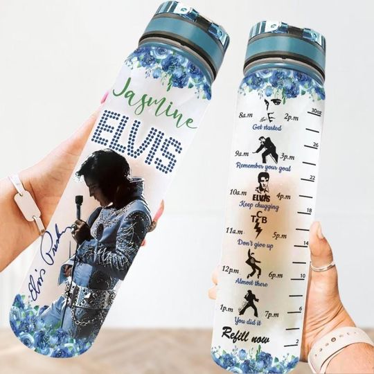 Custom Elvis Presley Water Bottle Tracker, Elvis Presley Bottle 32Oz, King Of Rock Water Bottle, Daily Water Tracker, Motivation Bottle