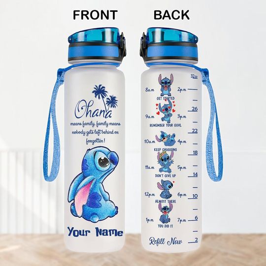 Custom Stitch Water Bottle 32Oz, Ohana Means Family Water Tracker Bottle, Disney Trip Daily Water Tracker, Drink Bottle, Birthday Gifts