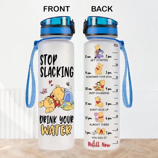 Pooh Bear Water Bottle 32Oz, Winnie Pooh Water Tracker Bottle, Disney Cartoon Daily Water Tracker,Stop Slacking Drink Your Water Bottle