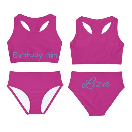 Girls Personalized Birthday Two Piece Swimsuit, Birthday Girl Swimwear, Name Bathing Suit, customized Birthday kids toddler - per teen size