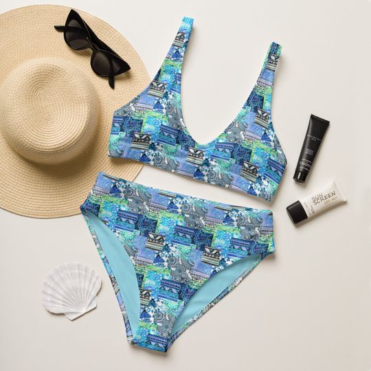 Patchwork Paisley Recycled High-Waisted Bikini, Two-Piece Swimsuits, Blue Swimsuits, Full Coverage Bikini, Plus Size Bikini, Cute Bikinis