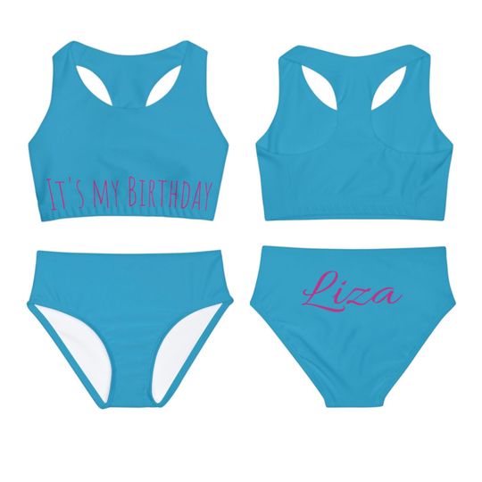 Girls Personalized Birthday Two Piece Swimsuit, Birthday Girl Swimwear, Name Bathing Suit, customized Birthday kids toddler - per teen size